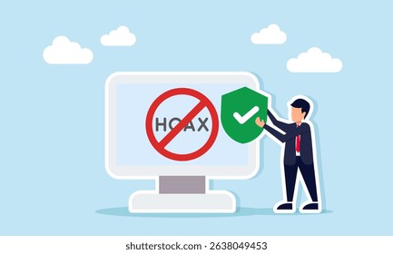 Businessman holding a shield beside a monitor displaying hoax text with a forbidden sign illustration of rejecting false or harmful information