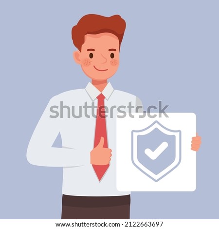 Businessman holding shield with check mark sign and hands hold thumbs up. Reliable concept. people character vector design.