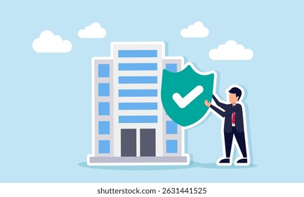 Empresário segurando escudo com marca de seleção ao lado da ilustração de edifício corporativo de grande empresa verificada confiável