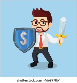 Businessman Holding Shield Money And Sword