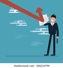 Businessman holding shield prevent from down trend graph to protect his profit.