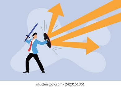 Businessman holding shield and sword 2d vector illustration