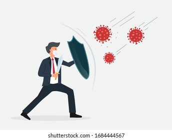 Businessman holding shield and sword protect from COVID-19 Virus. Stop coronavirus spreading. Businessman warrior concept. Vector illustration
