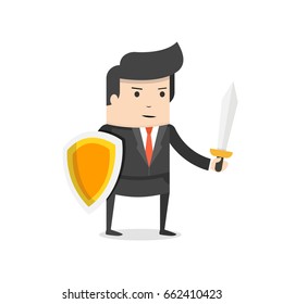 Businessman holding shield and sword. Businessman warrior concept. Flat cartoon style. Vector illustration.