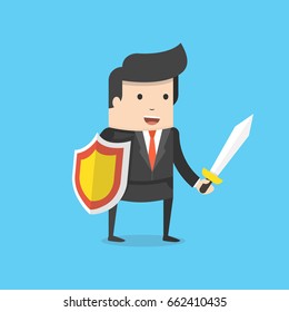 Businessman holding shield and sword. Businessman warrior concept. Flat cartoon style. Vector illustration.