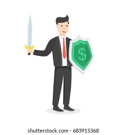 Businessman holding shield and sword. Businessman warrior concept. Flat cartoon style. Vector illustration.