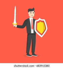 Businessman holding shield and sword. Businessman warrior concept. Flat cartoon style. Vector illustration.