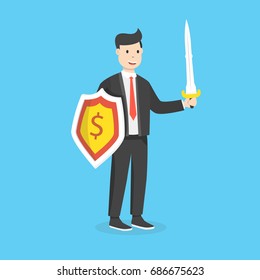 Businessman holding shield and sword. Businessman warrior concept. Flat cartoon style. Vector illustration.