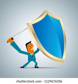 Businessman holding a shield and a sword,Firewall design concept.	
