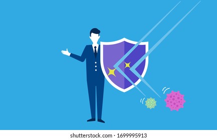 businessman holding shield,protect from virus,vector illustration