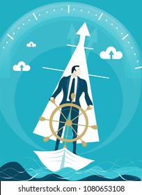 Businessman holding ship wheel, controlling and making designs in business progress. Concept illustration