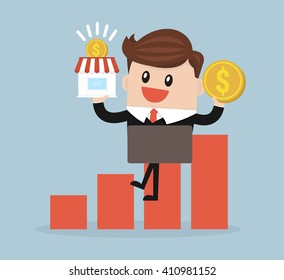 Businessman holding shop and money vector