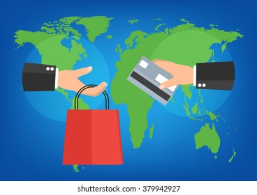 Businessman holding shopping bag and credit card for online shopping on world map background. Vector illustration mobile payment e-commerce concept.