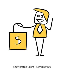 businessman holding shopping bag yellow stick figure theme