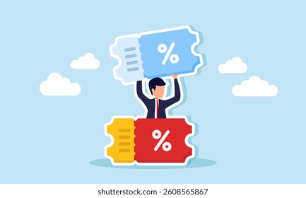 Businessman holding a shopping voucher, illustration of discount promo sale to attract customer interest