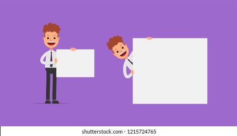 Businessman holding and showing blank sign, set of cheerful characters, flat design vector illustration