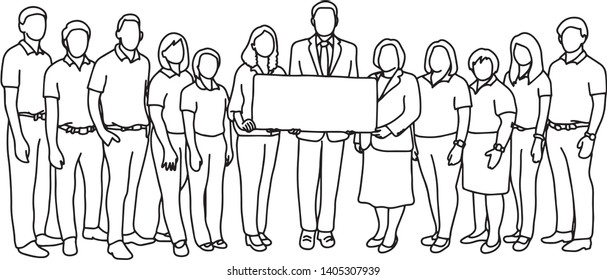businessman holding sign with his team vector illustration sketch doodle hand drawn with black lines isolated on white background