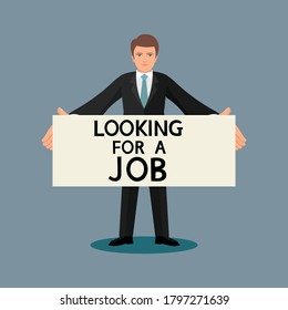 Businessman Holding Sign Looking For A Job, illustration vector cartoon