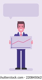 Businessman Holding Sign With Positive Business Graph. Flat People. Vector Illustration