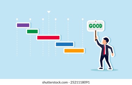 A businessman holding a sign that reads Good next to a bar chart, illustrating improved performance and a positive trend.