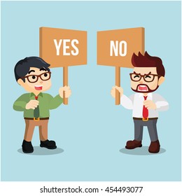 businessman holding sign yes or no