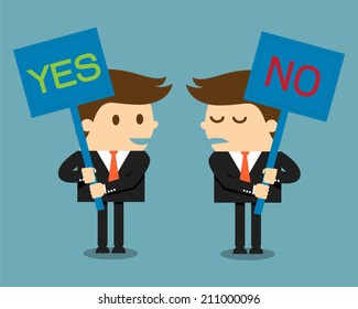 Businessman holding a signboard with the word yes or no written in it