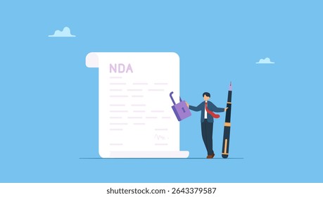 Empresário com caneta de assinatura e NDA bloqueado com documento de cadeado. NDA, assinatura de contrato de contrato de confidencialidade, documento de confidencialidade legal para reconhecimento de funcionário trabalhando.