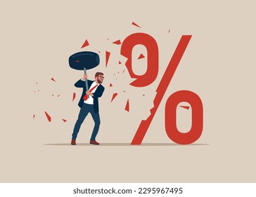 Businessman holding sledgehammer hitting percentage sign. Interest downgrade hike or downgrade rate hike due to inflation. Flat vector illustration