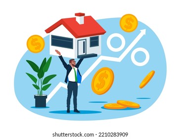 Businessman holding a small house. Holding ownership or investing in real estate home loan. Flat vector illustration.