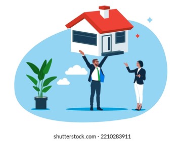 Businessman holding a small house. Holding ownership or investing in real estate home loan. Flat vector illustration.