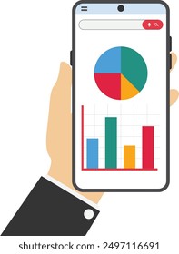 Businessman holding smartphone analyze graph and chart. Financial Report. Reviewing investment portfolio. Vector illustration
