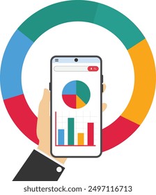 Businessman holding smartphone analyze graph and chart. Financial Report. Reviewing investment portfolio. Vector illustration

