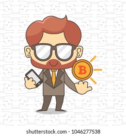 Businessman holding smartphone and bitcoins