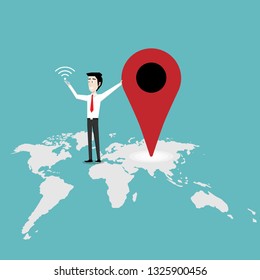 Businessman holding smartphone, Check in location on the map, Marketing business, Location concept, Vector illustration flat