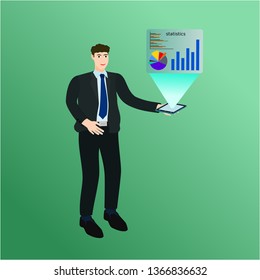 Businessman holding smartphone device display graph information
