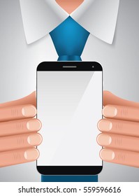 Businessman holding smartphone with empty screen, vector illustration