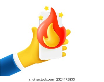 Businessman holding smartphone with flame on the screen. Hot concept. 3d vector illustration