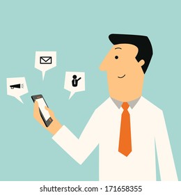 Businessman holding smartphone in hand with alert of message, email, notification, and greeting icon. Communication concept in technology. 