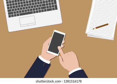 Businessman holding smartphone in hand and tapping its touch screen. Vector illustration.
