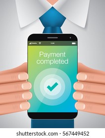 Businessman holding smartphone with Mobile Wallet banking app, vector illustration