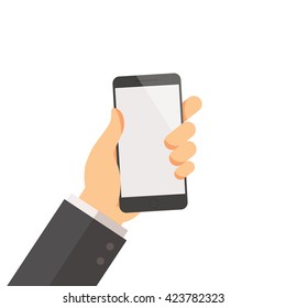 Businessman holding smartphone on the screen. vector illustration