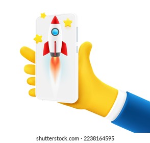 Businessman holding smartphone with rocket. Business startup concept. 3d vector illustration