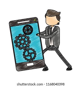 Businessman holding smartphone scribble