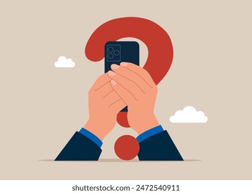 Businessman holding smartphone. Search curiosity explore unknown, search for solution or new business opportunity, seek for success concept.