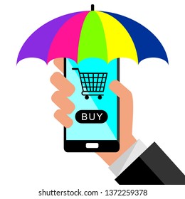 Businessman holding a smartphone with sunshade  and background for online buy. Concept of online shopping. Flat design, vector illustration.