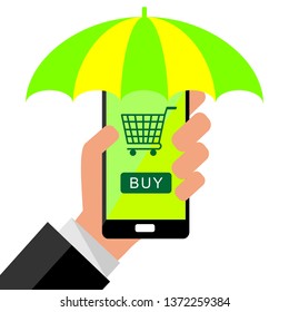 Businessman holding a smartphone with sunshade  and background for online buy. Concept of online shopping. Flat design, vector illustration.