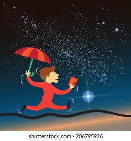 Businessman holding smartphone and umbrella with space background