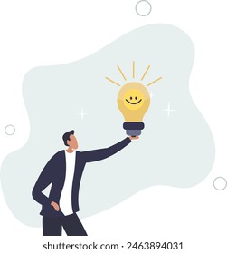 businessman holding smiling lightbulb idea with positive vibes around.flat vector illustration.