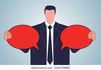 businessman holding a speech bubble in each of his left and right hands