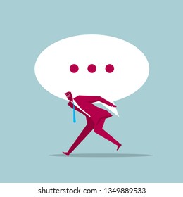 Businessman holding a speech bubble symbol. Isolated blue background.